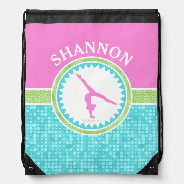 Tri-Pastel Color Gymnastics With Aqua Tile Drawstring Bag (Front)