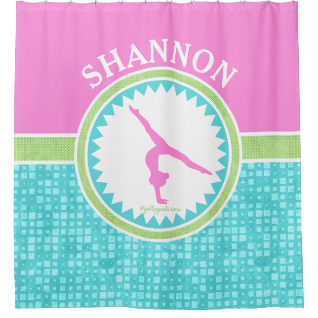 Tri-Pastel Color Gymnastics With Aqua Tile Shower Curtain (Front)