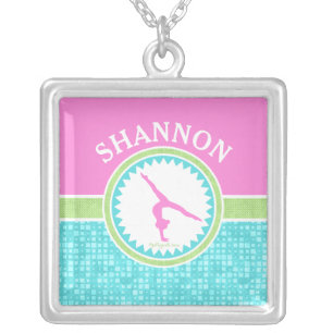 Tri-Pastel Color Gymnastics With Aqua Tile Silver Plated Necklace