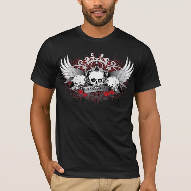 tri skulls with roses T-Shirt (Front)