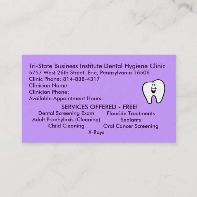 Tri-State Dental Hygiene Business Card (Front)