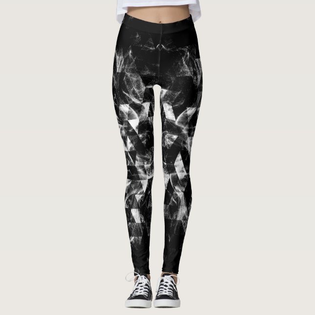 Triangle Geometric Black and White Smoky pattern Leggings (Front)