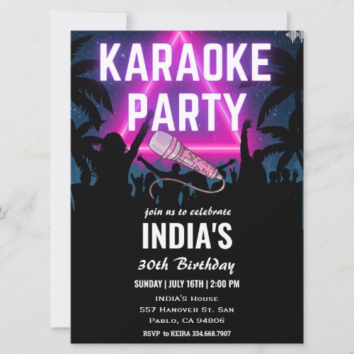 Triangle Neon Karaoke Party Black Birthday  Invitation