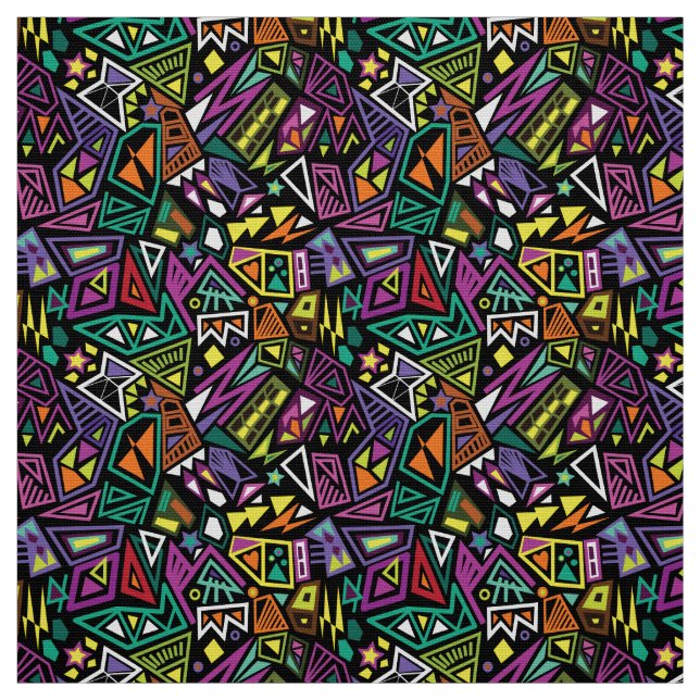 Triangle pop art cool bright black green pattern fabric (Swatch)