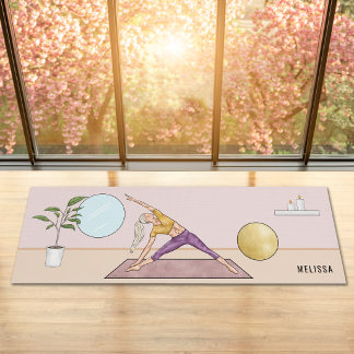 Triangle Pose Yoga Woman In Pink Studio And Name Mat