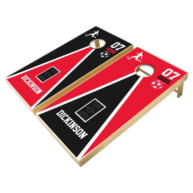 Triangle Red & Black Soccer Design Cornhole Set (Angled)
