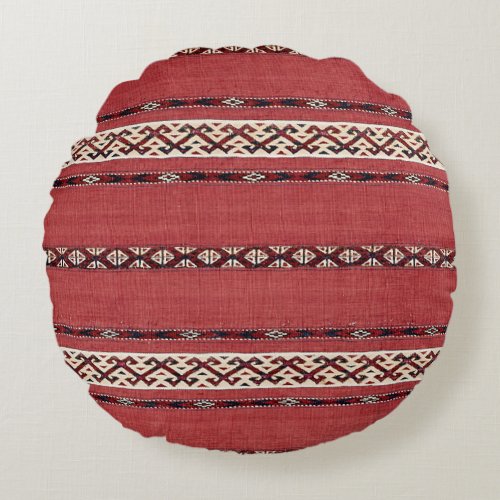 Triangle Stripe Kilim II Red Black White  Round Pillow