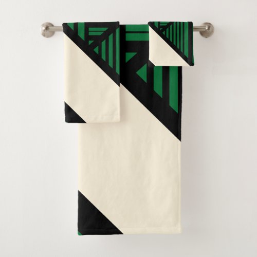 Triangle Stripes _ Green Cream and Black Bath Towel Set