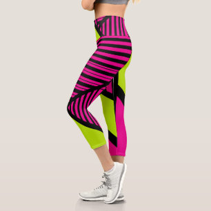Triangle Stripes in Lime Green, Hot Pink and Black Capri Leggings