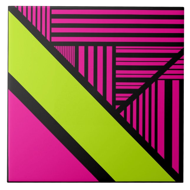 Triangle Stripes in Lime Green, Hot Pink and Black Ceramic Tile (Front)