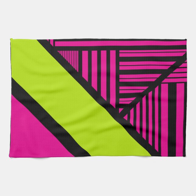 Triangle Stripes in Lime Green, Hot Pink and Black Kitchen Towel (Horizontal)