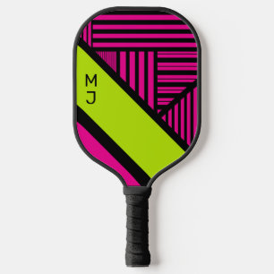 Triangle Stripes in Lime Green, Hot Pink and Black Pickleball Paddle
