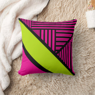 Triangle Stripes in Lime Green, Hot Pink and Black Throw Pillow
