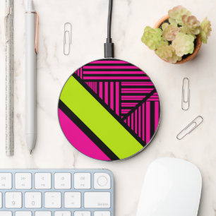 Triangle Stripes in Lime Green, Hot Pink and Black Wireless Charger