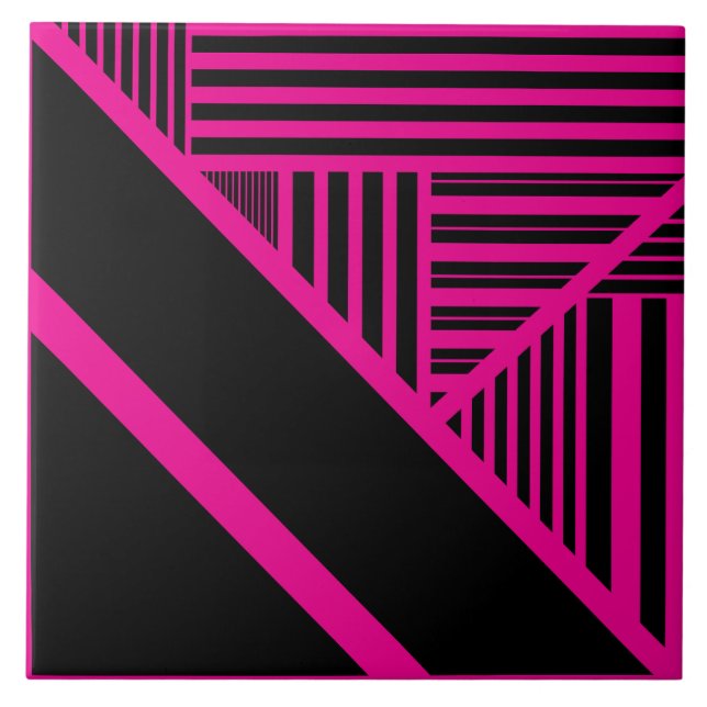 Triangle Stripes in Magenta and Black Ceramic Tile (Front)