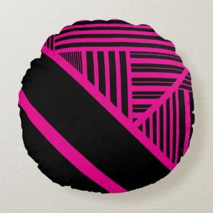 Triangle Stripes in Magenta and Black Round Pillow