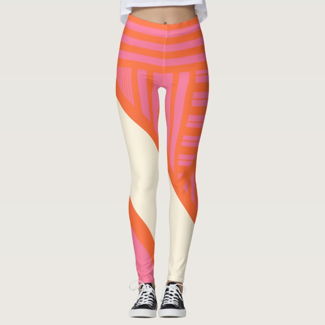Triangle Stripes in Pink, Orange and Cream Leggings (Front)