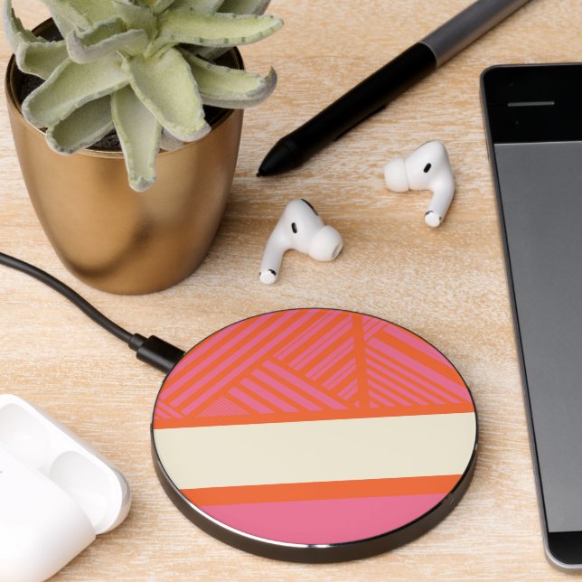 Triangle Stripes in Pink, Orange and Cream Wireless Charger (Desk 2)