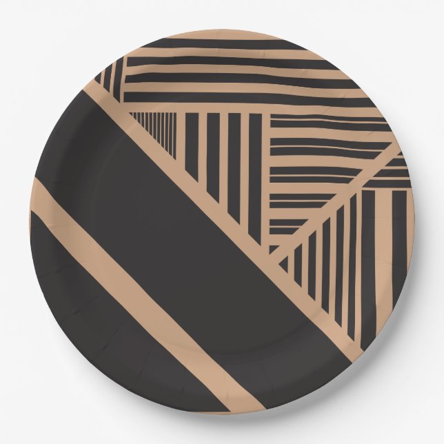 Triangle Stripes in Tan and Black Paper Plates (Front)