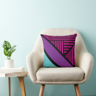 Triangle Stripes - Pink, Purple, Blue and Black Throw Pillow