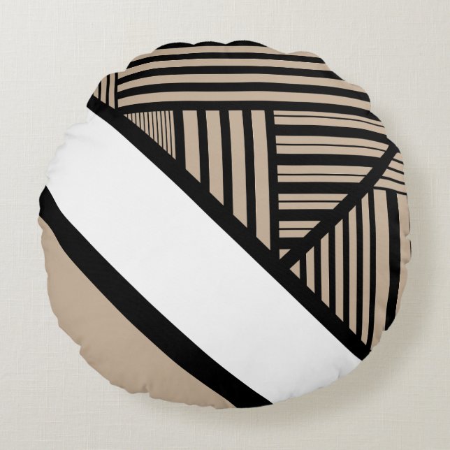 Triangle Stripes - Taupe, Black and White Round Pillow (Front)