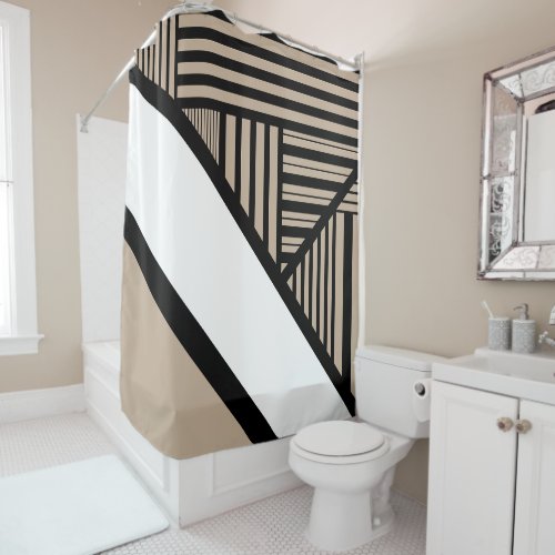 Triangle Stripes _ Taupe Black and White Shower Curtain