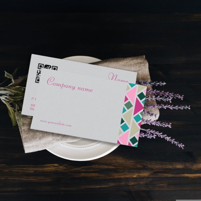 Triangle  turquoise fuchsia grey QR Business Card (Modern minimalist abstract geometric business card featuring a fuchsia and turquoise color scheme.)