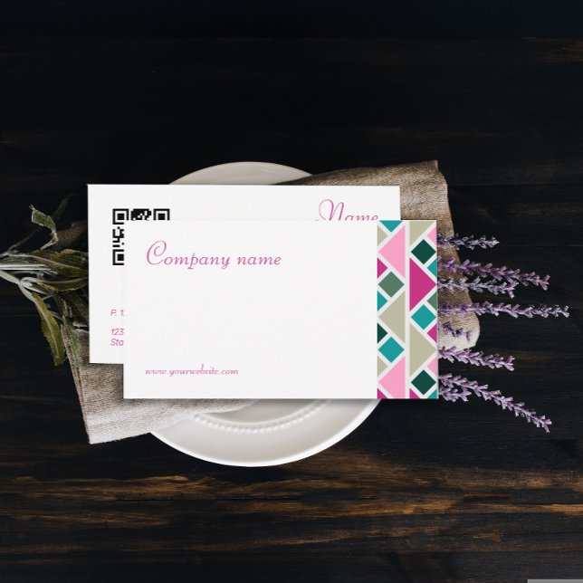 Triangle  turquoise fuchsia QR Business Card (Modern minimalist abstract geometric business card  with fuchsia and turquoise color scheme.)