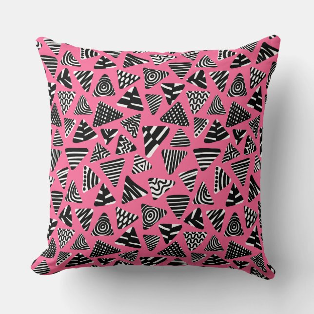 Triangles 240121 - Black and White on Deep Pink Throw Pillow (Front)