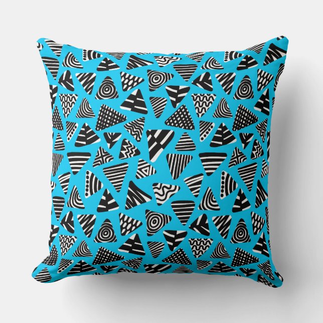 Triangles 240121 -  Black and White on Sky Blue Throw Pillow (Front)