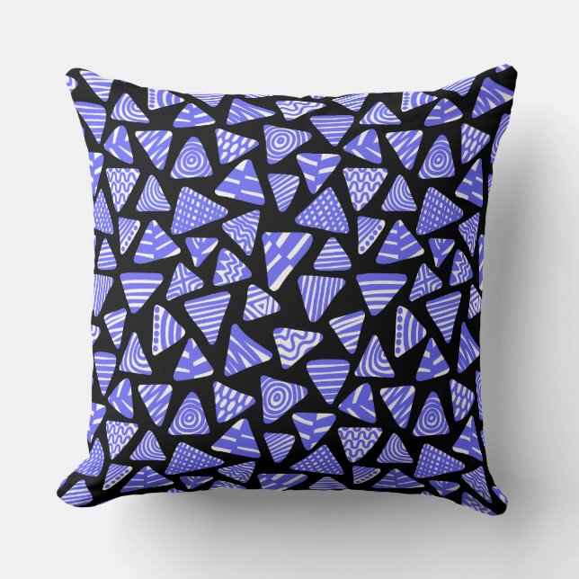 Triangles 240121 -  Electric Blue and White on Blk Throw Pillow (Front)