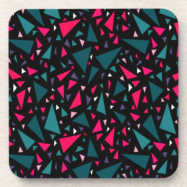 Triangles blue scarlet colors on black background  beverage coaster (Front)