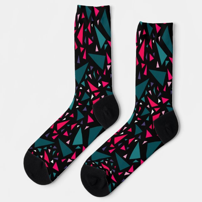 Triangles blue scarlet colors on black background  socks (Left)