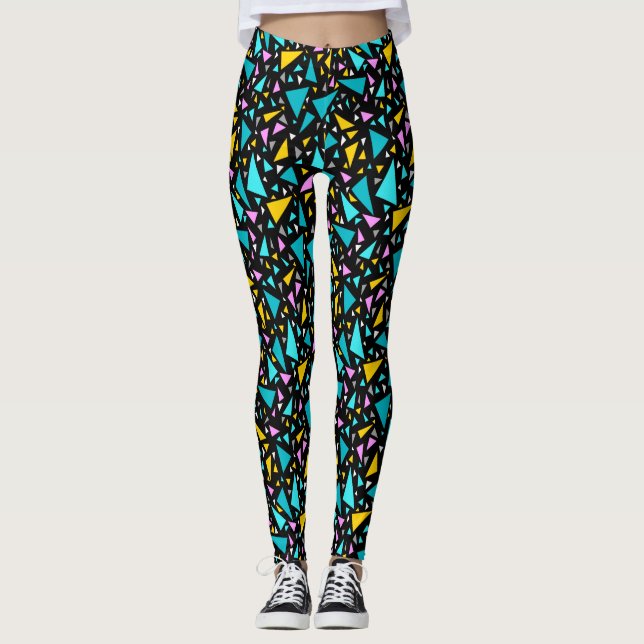 Triangles blue yellow colors on black background a leggings (Front)