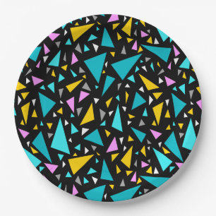 Triangles blue yellow colors on black background a paper plates