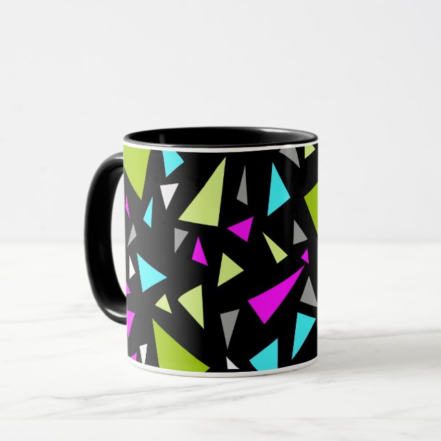 Triangles green crimson colors on black background mug (Front Left)