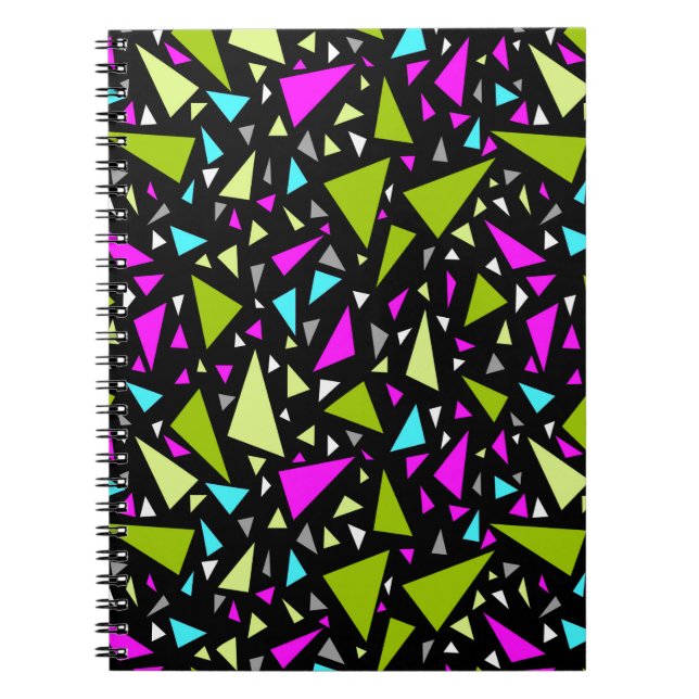Triangles green crimson colors on black background notebook (Front)