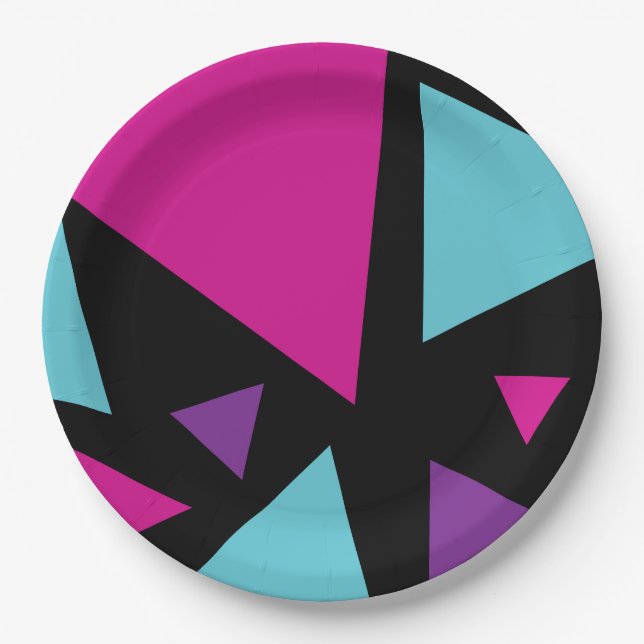 Triangles in Pink, Purple, Blue and Black Paper Plates (Front)
