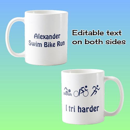 Triathlon custom name and text fun sport coffee mug