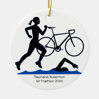 Triathlon Female Keepsake In Blue Ceramic Ornament