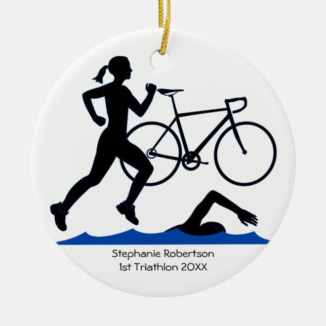 Triathlon Female Keepsake In Blue Ceramic Ornament (Front)