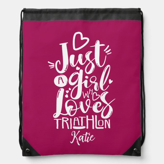 Triathlon Motivation Customizable Magenta Drawstring Bag (Front)