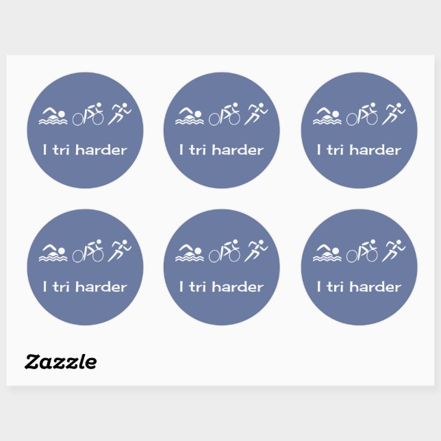 Triathlon pictograms and caption blue classic round sticker (Sheet)