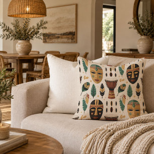 Tribal African Drum And Masks Throw Pillow Earthy