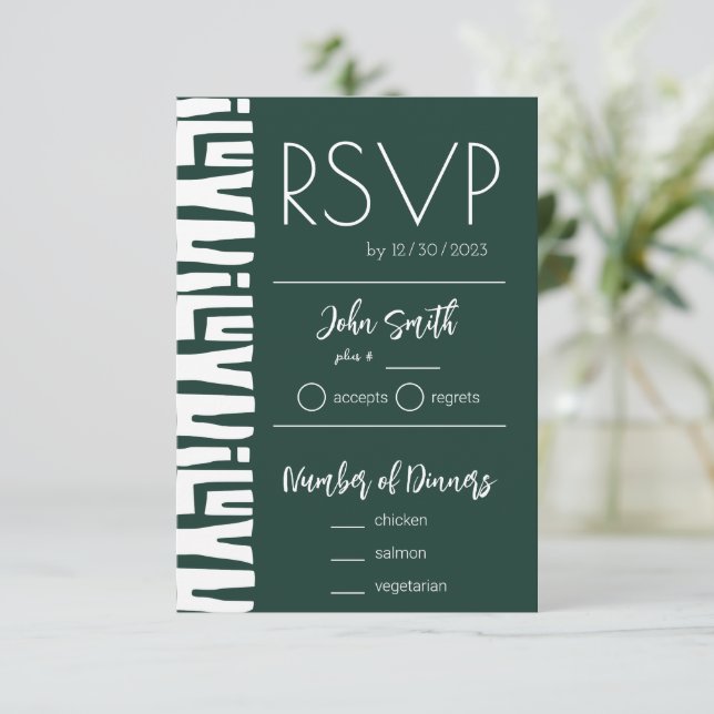 Tribal African Hunter Green Wedding RSVP Card (Standing Front)