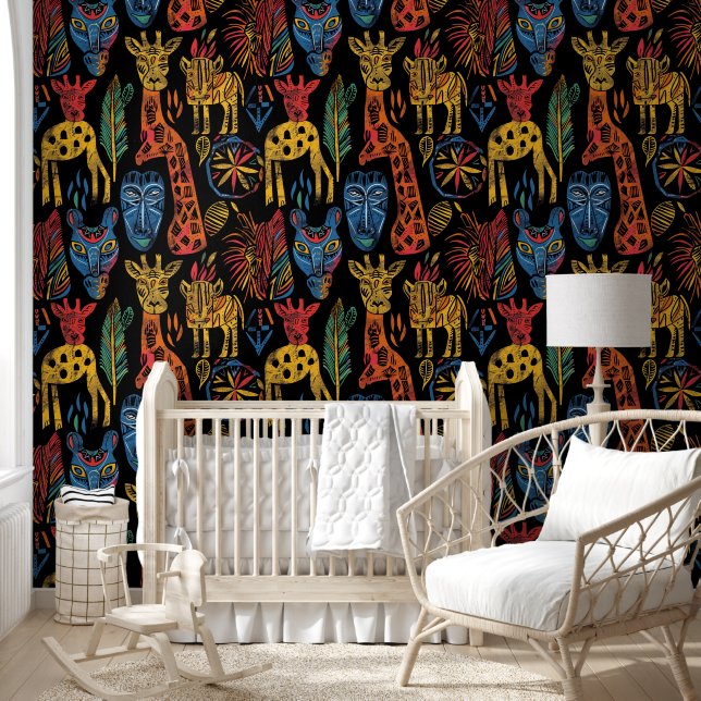 Tribal African Masks Giraffes Wallpaper (Kids)