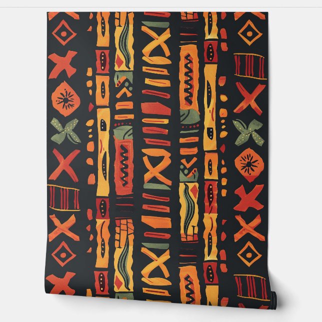 Tribal African Orange Green Black Wallpaper (Unrolling)