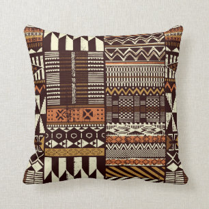 Tribal African style fabric patchwork abstract vin Throw Pillow