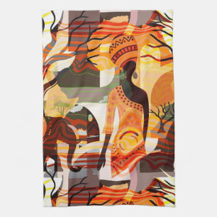 Tribal African Woman and Elephants Kitchen Towel