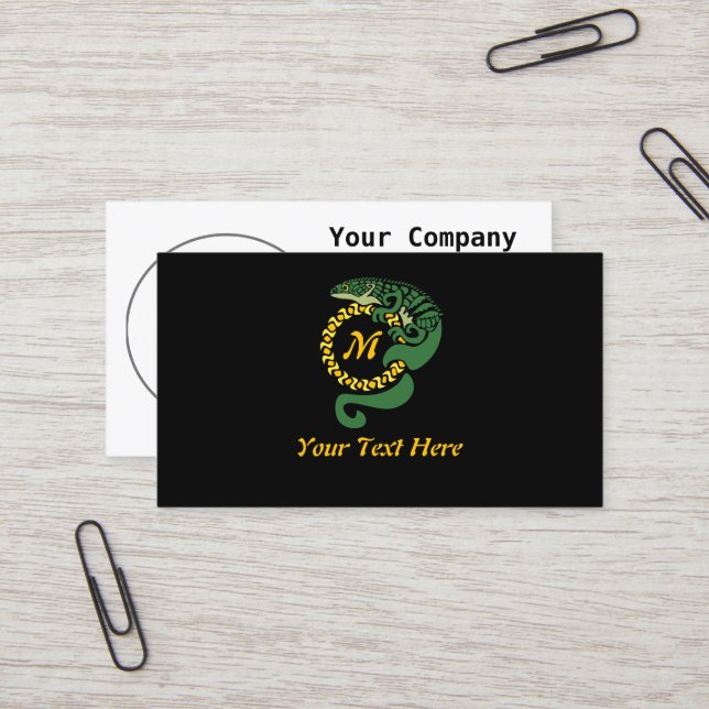 Tribal Alligator Lizard Hugging a Sun Monogram Business Card (Front/Back In Situ)